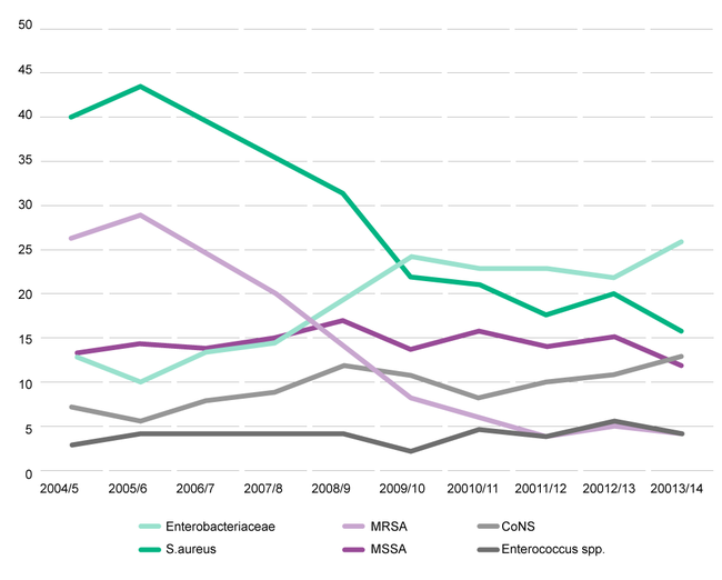 Line-chart showing trends in key microorganisms reported as causing SSI.